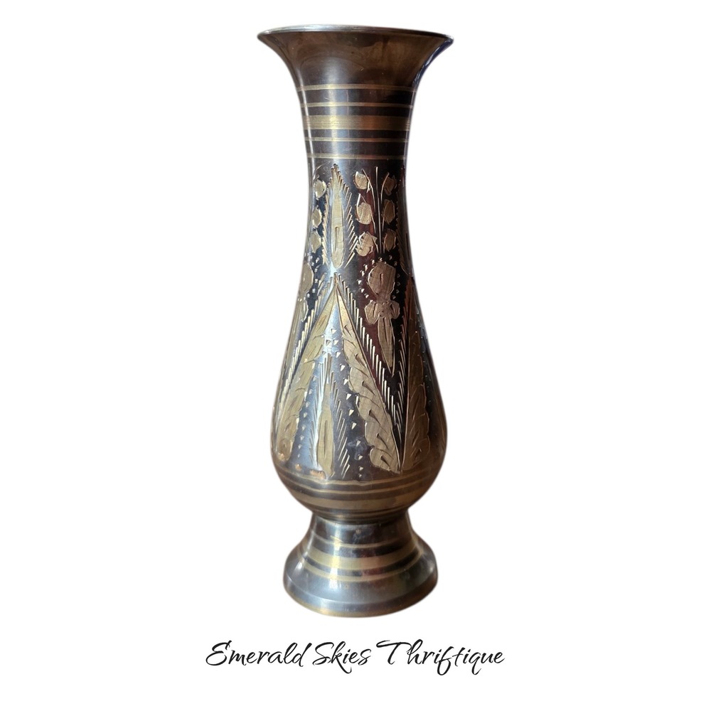 Vintage etched brass bud vase boho  hand etched engraved detailed free ship 6 in